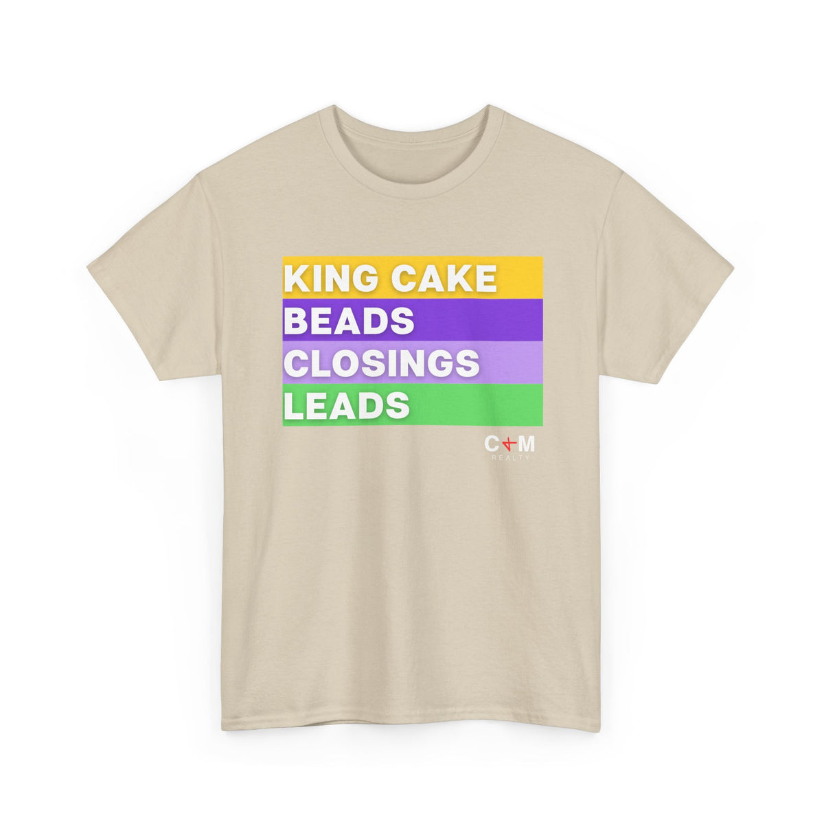 Mardi Gras Vibes Tee — “King Cake, Beads, Closings, Leads” Graphic Shirt