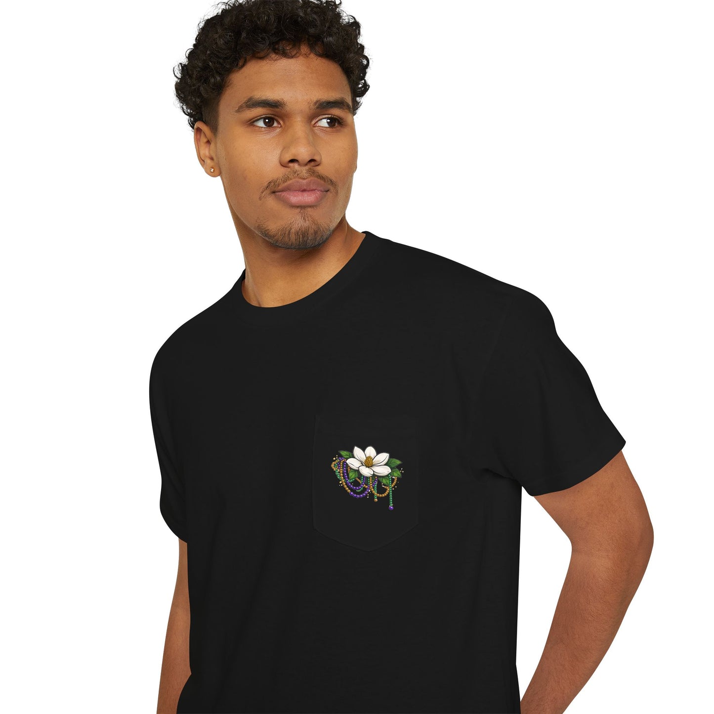 Magnolia Flower with Mardi Gras Beads - Pocket Tee