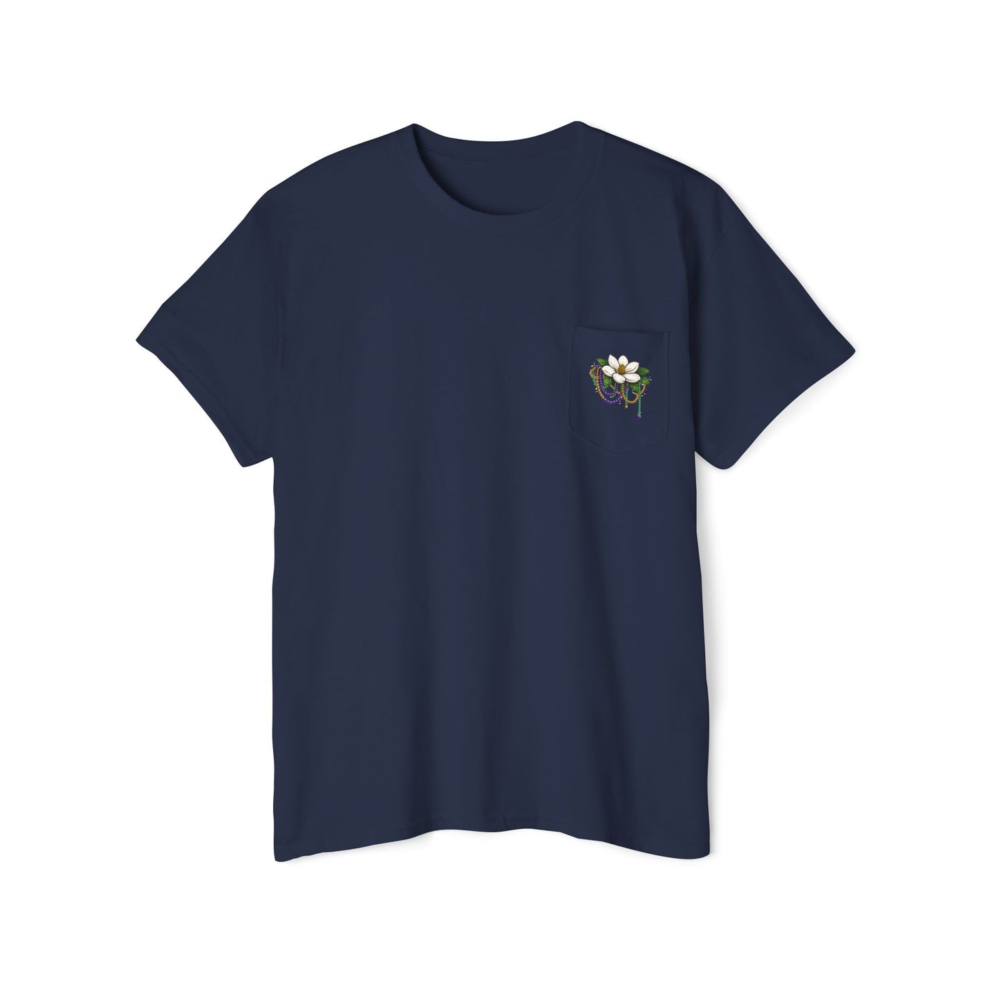 Magnolia Flower with Mardi Gras Beads - Pocket Tee