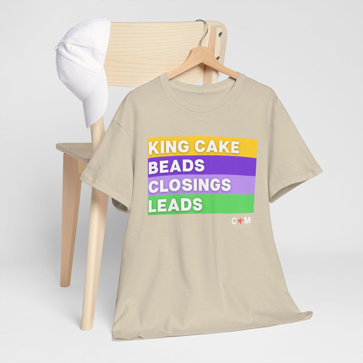 Mardi Gras Vibes Tee — “King Cake, Beads, Closings, Leads” Graphic Shirt