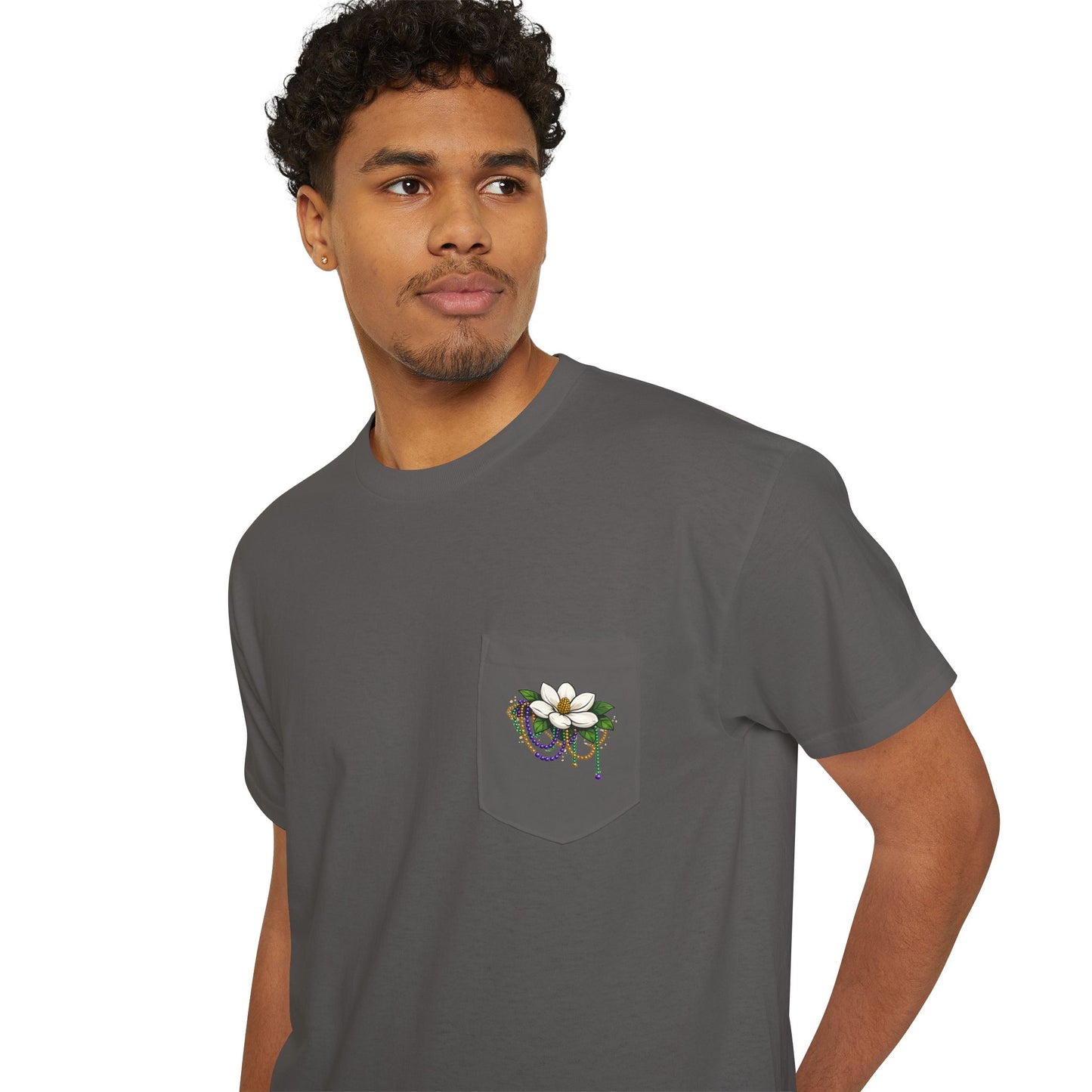 Magnolia Flower with Mardi Gras Beads - Pocket Tee