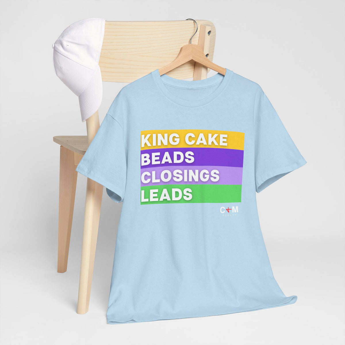 Mardi Gras Vibes Tee — “King Cake, Beads, Closings, Leads” Graphic Shirt