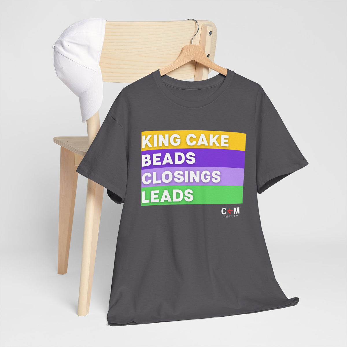 Mardi Gras Vibes Tee — “King Cake, Beads, Closings, Leads” Graphic Shirt