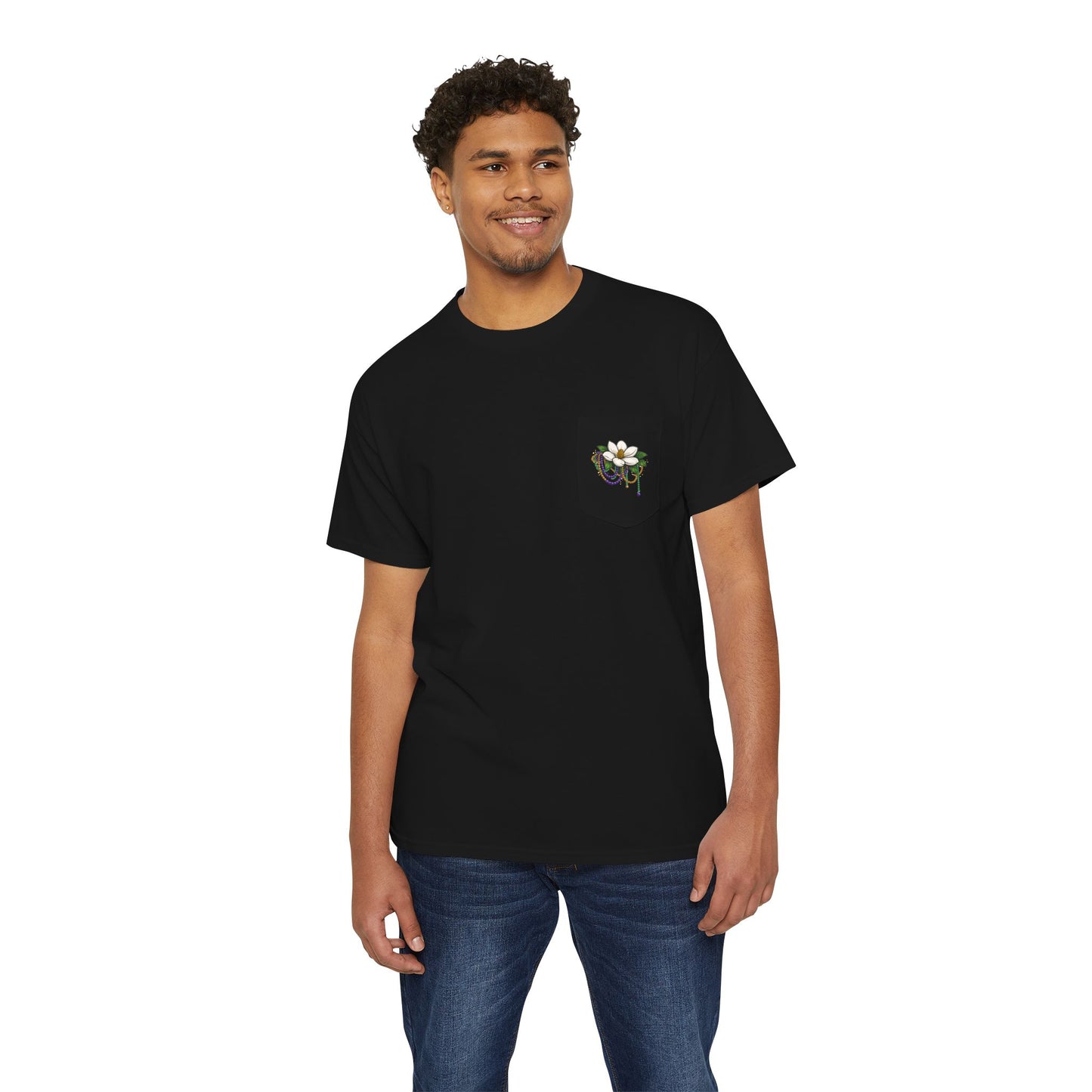 Magnolia Flower with Mardi Gras Beads - Pocket Tee