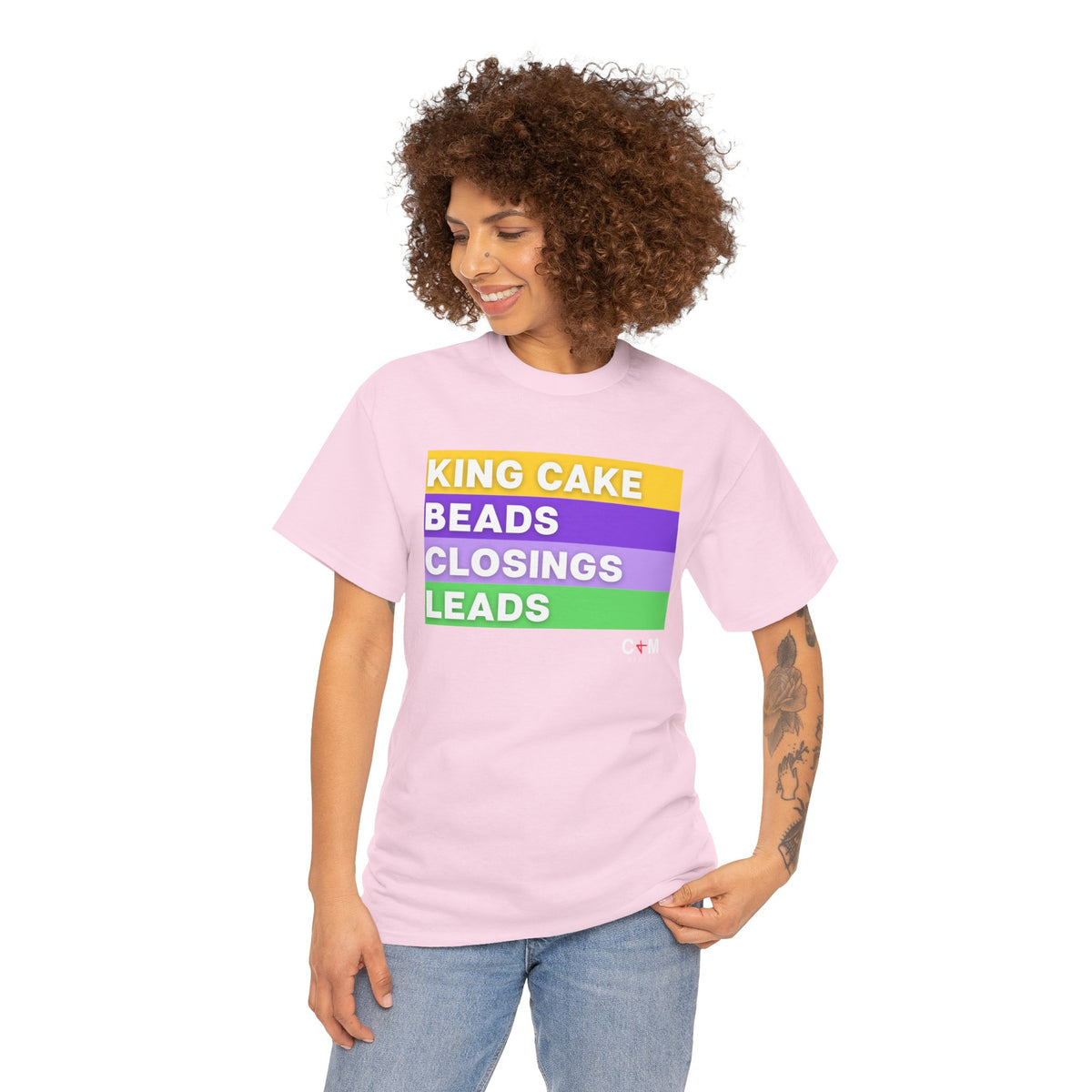 Mardi Gras Vibes Tee — “King Cake, Beads, Closings, Leads” Graphic Shirt