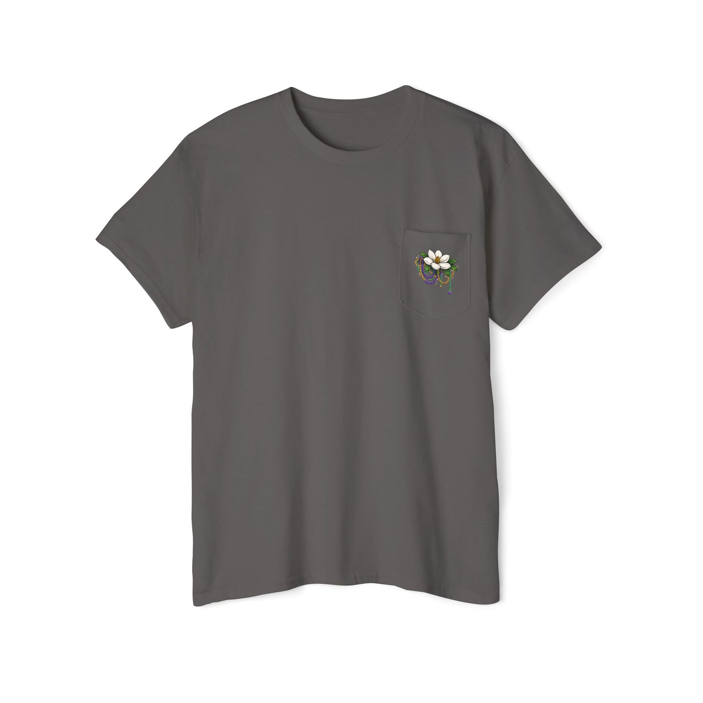 Magnolia Flower with Mardi Gras Beads - Pocket Tee