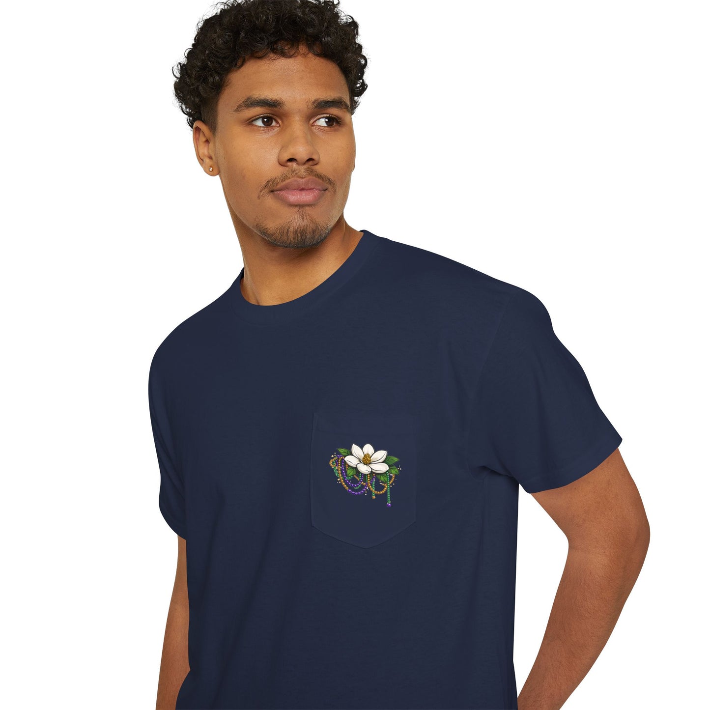 Magnolia Flower with Mardi Gras Beads - Pocket Tee