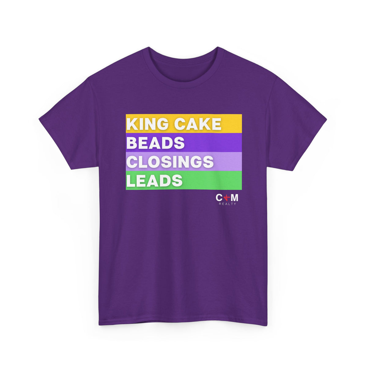 Mardi Gras Vibes Tee — “King Cake, Beads, Closings, Leads” Graphic Shirt
