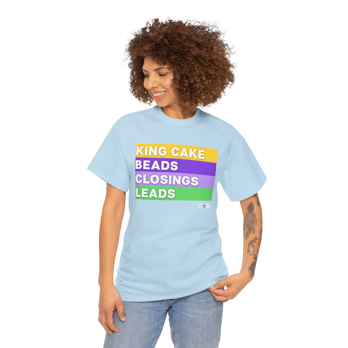 Mardi Gras Vibes Tee — “King Cake, Beads, Closings, Leads” Graphic Shirt