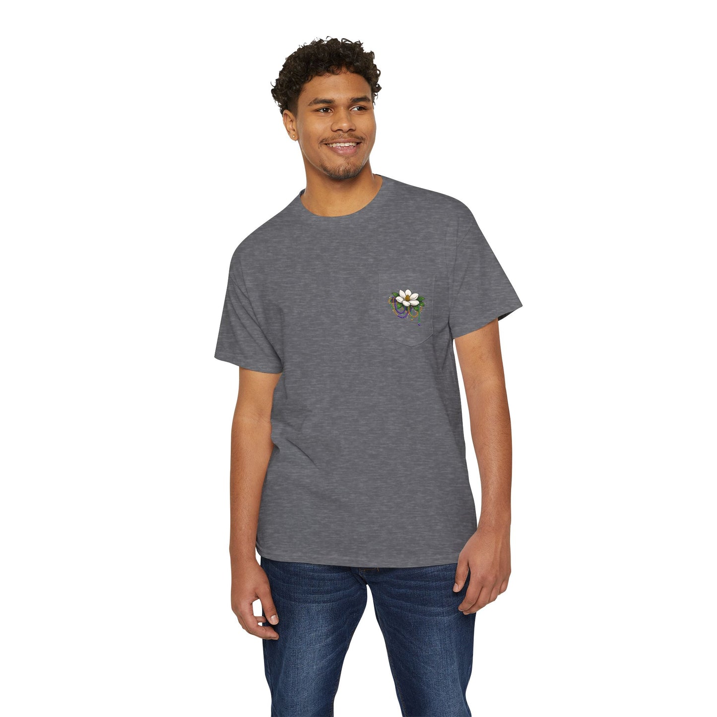 Magnolia Flower with Mardi Gras Beads - Pocket Tee