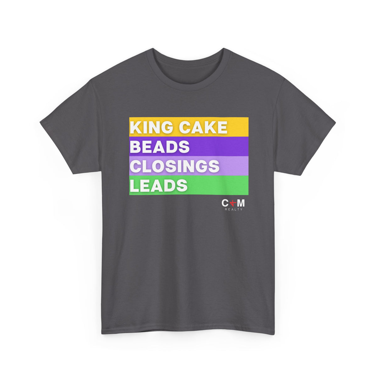Mardi Gras Vibes Tee — “King Cake, Beads, Closings, Leads” Graphic Shirt