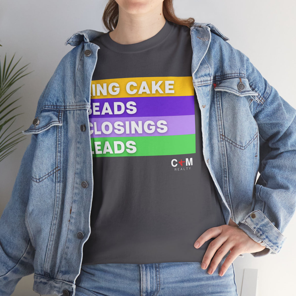 Mardi Gras Vibes Tee — “King Cake, Beads, Closings, Leads” Graphic Shirt