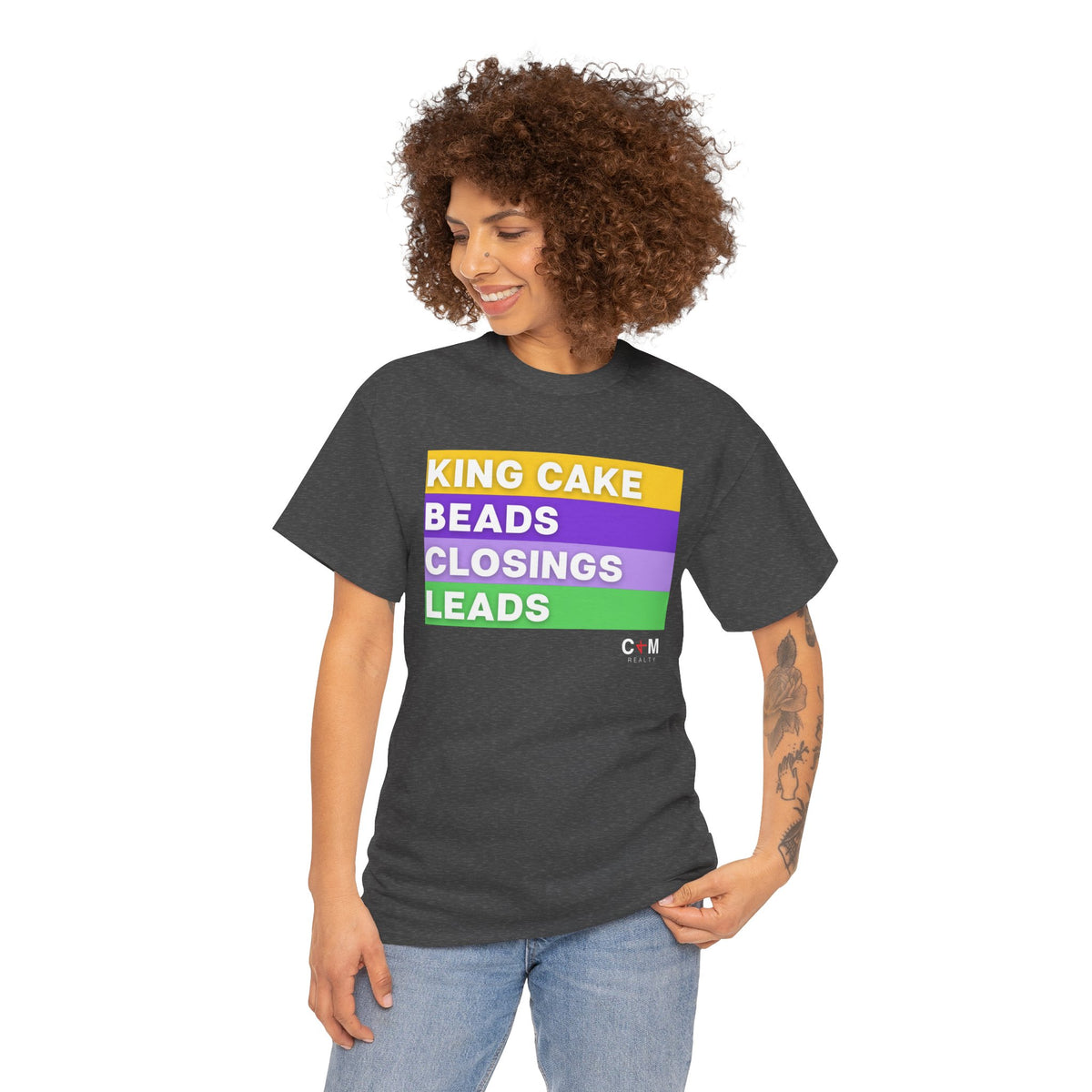 Mardi Gras Vibes Tee — “King Cake, Beads, Closings, Leads” Graphic Shirt