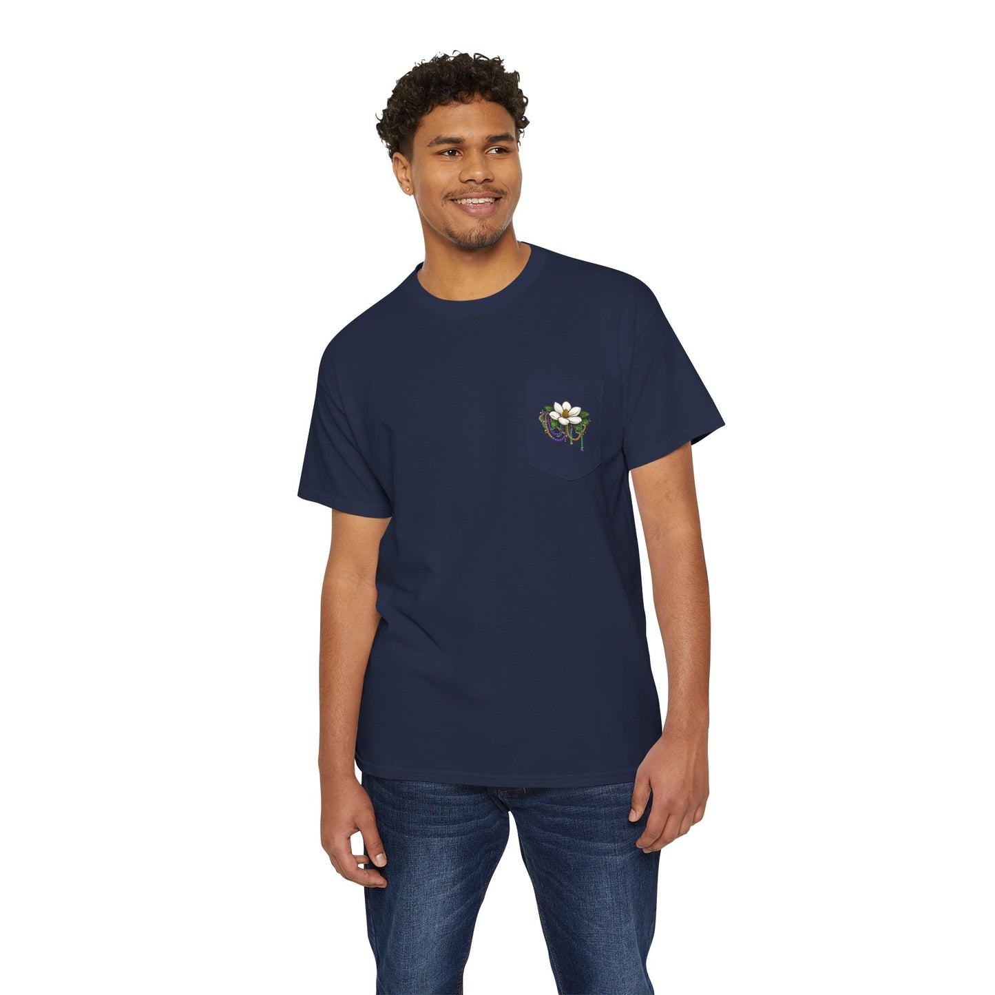 Magnolia Flower with Mardi Gras Beads - Pocket Tee