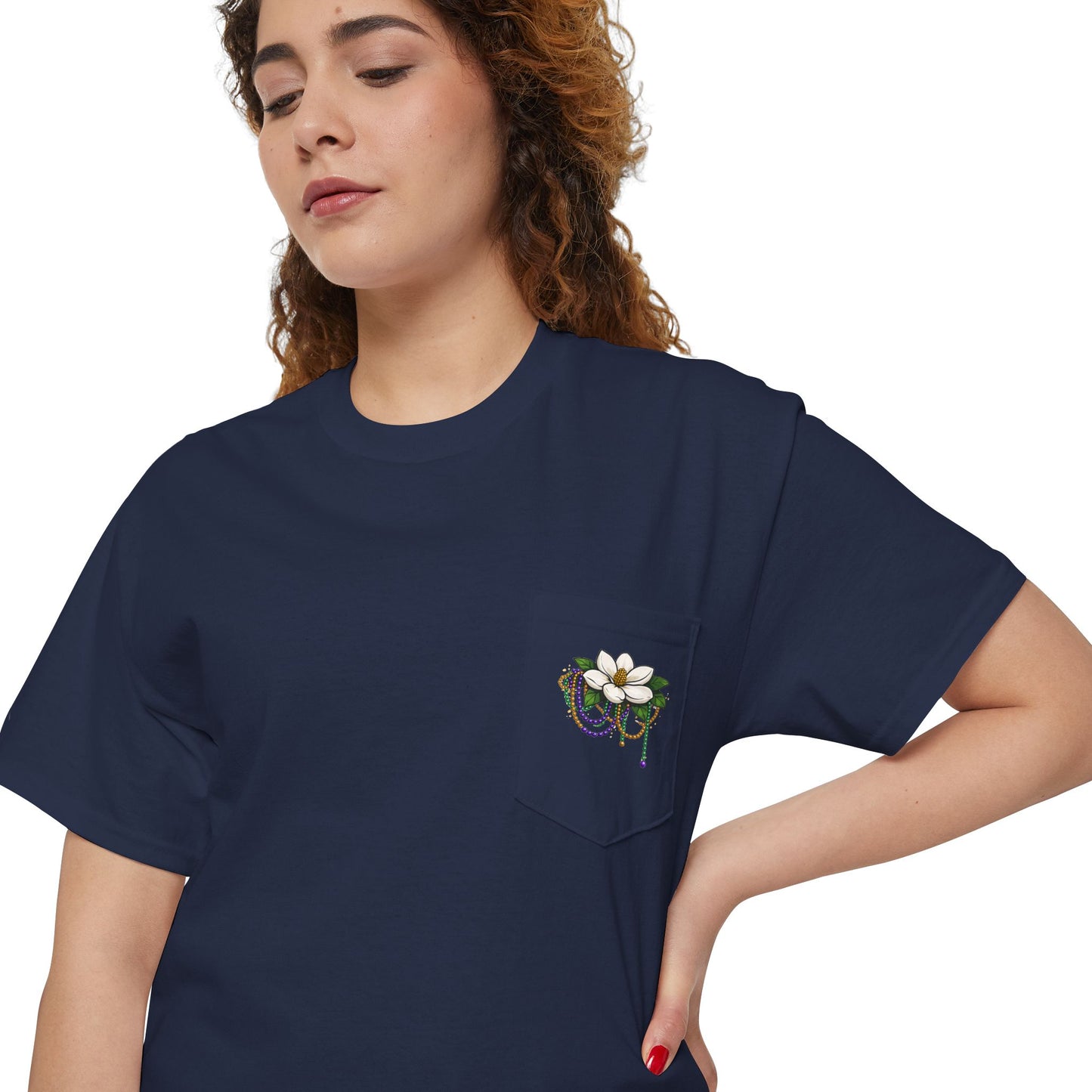 Magnolia Flower with Mardi Gras Beads - Pocket Tee