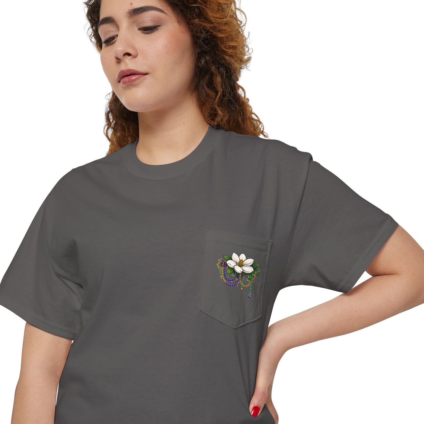 Magnolia Flower with Mardi Gras Beads - Pocket Tee
