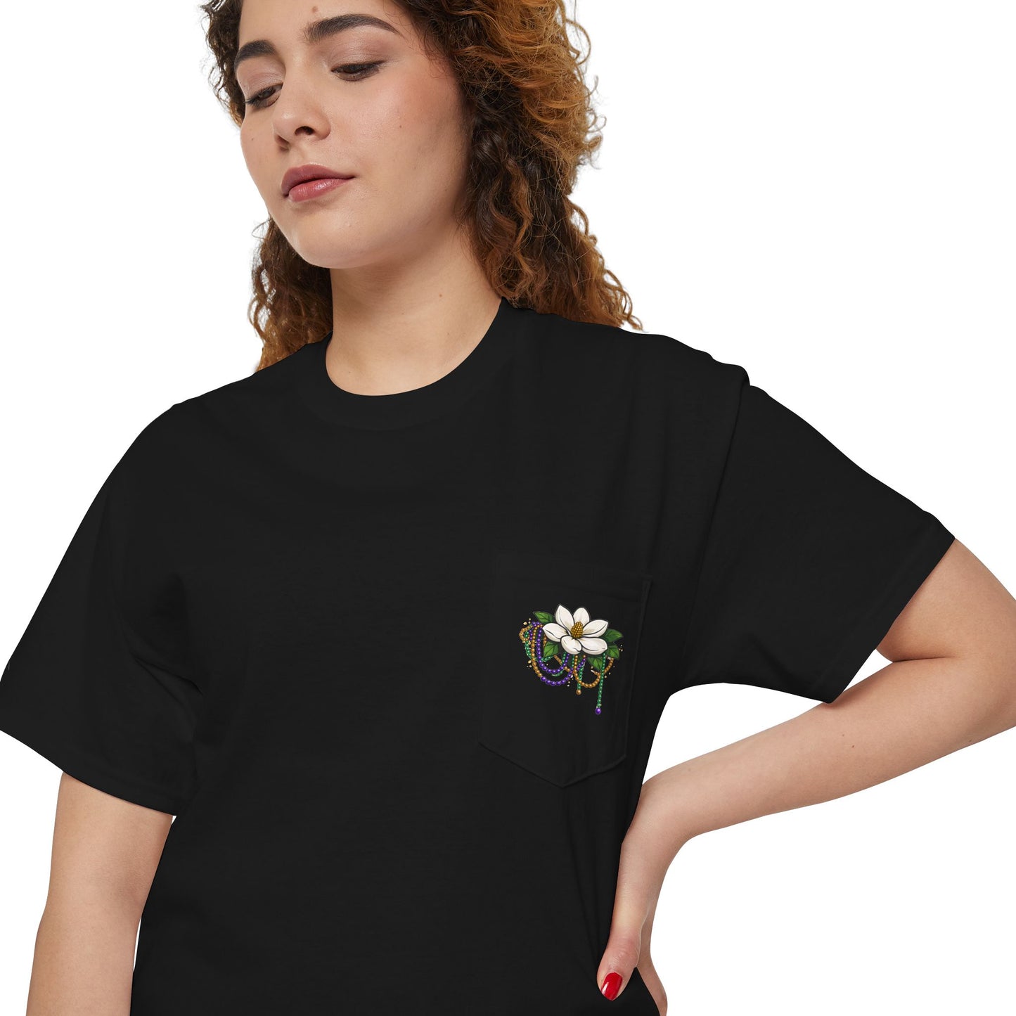 Magnolia Flower with Mardi Gras Beads - Pocket Tee