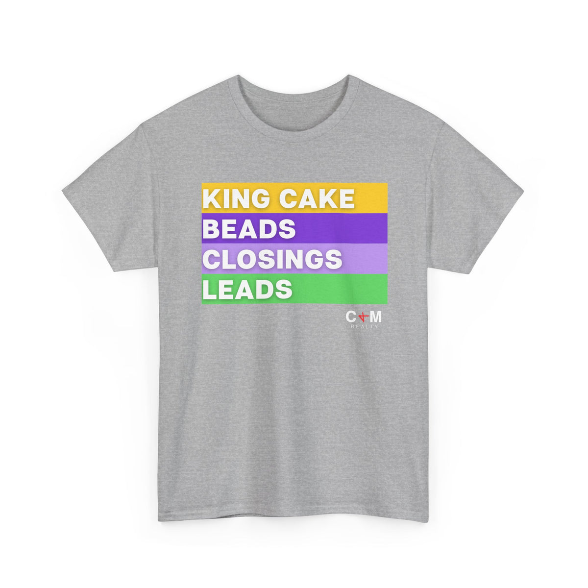 Mardi Gras Vibes Tee — “King Cake, Beads, Closings, Leads” Graphic Shirt