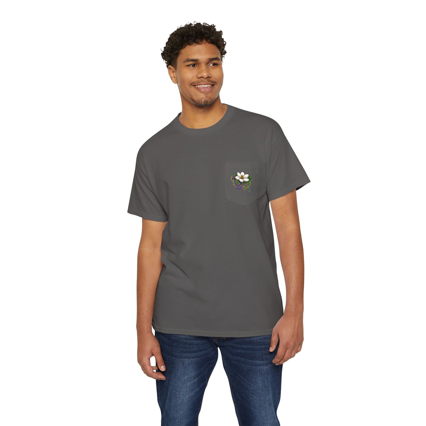 Magnolia Flower with Mardi Gras Beads - Pocket Tee
