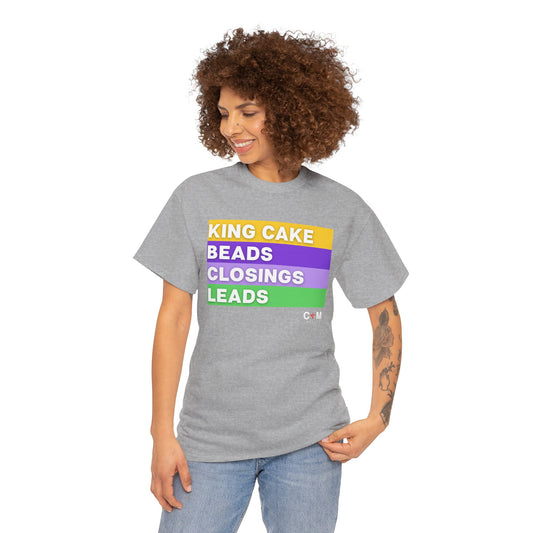 Mardi Gras Vibes Tee — “King Cake, Beads, Closings, Leads” Graphic Shirt