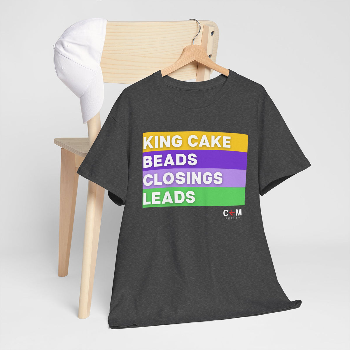 Mardi Gras Vibes Tee — “King Cake, Beads, Closings, Leads” Graphic Shirt