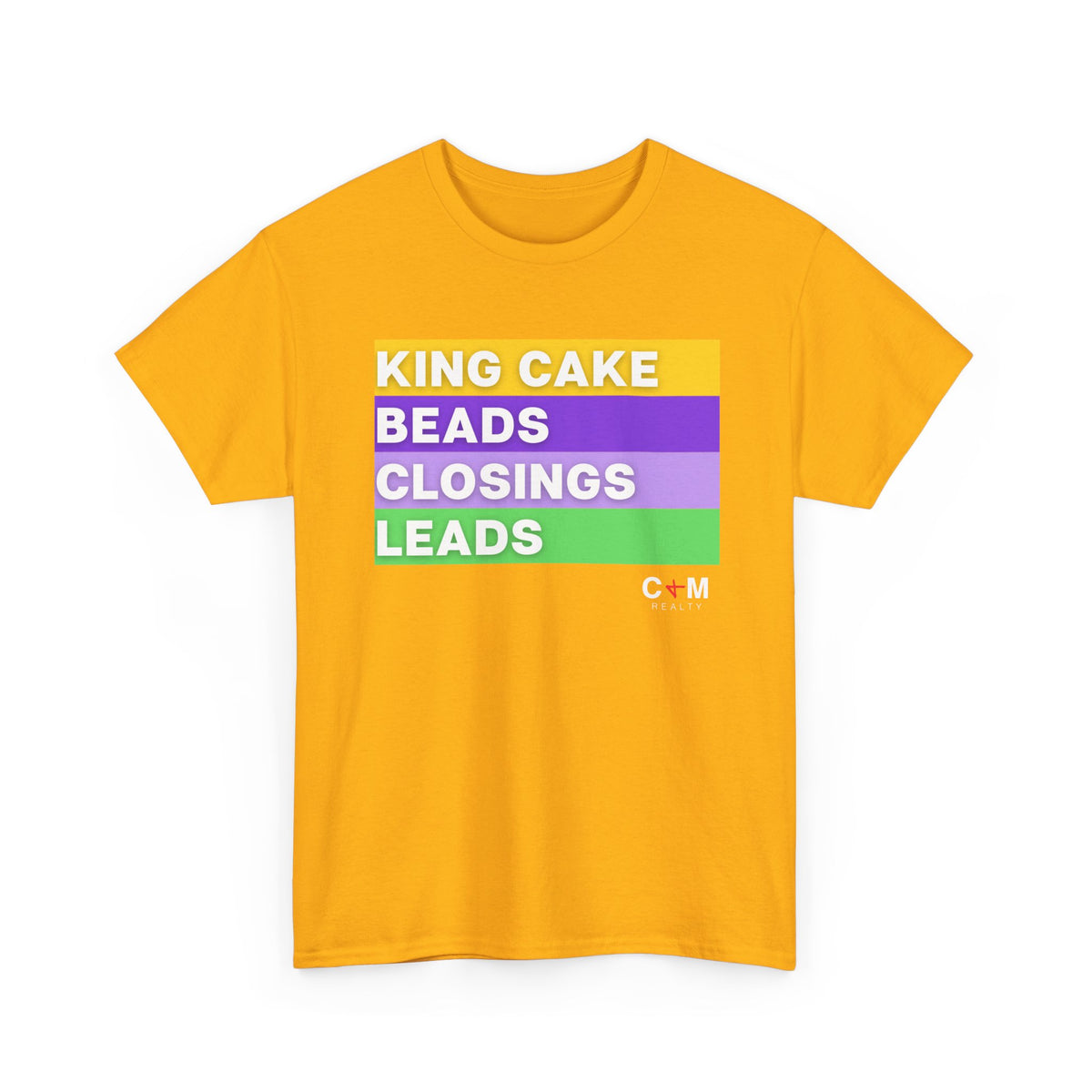 Mardi Gras Vibes Tee — “King Cake, Beads, Closings, Leads” Graphic Shirt