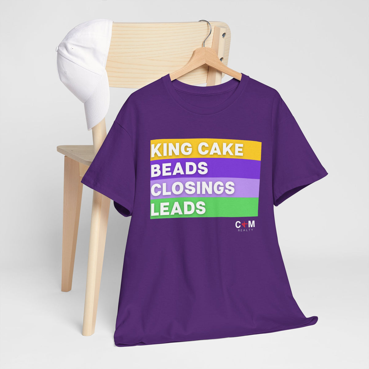 Mardi Gras Vibes Tee — “King Cake, Beads, Closings, Leads” Graphic Shirt