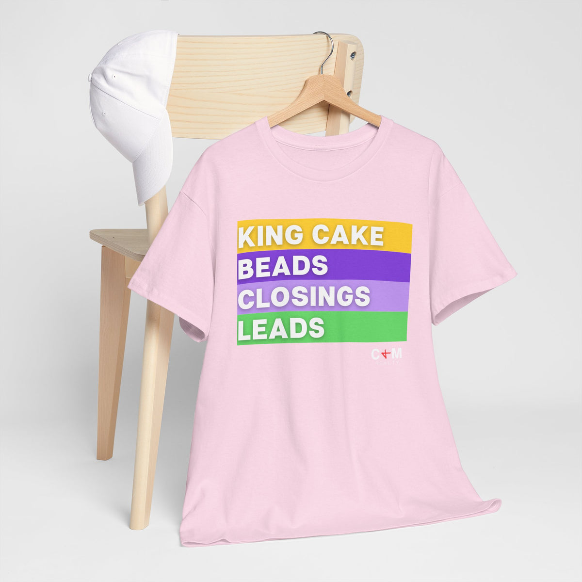 Mardi Gras Vibes Tee — “King Cake, Beads, Closings, Leads” Graphic Shirt
