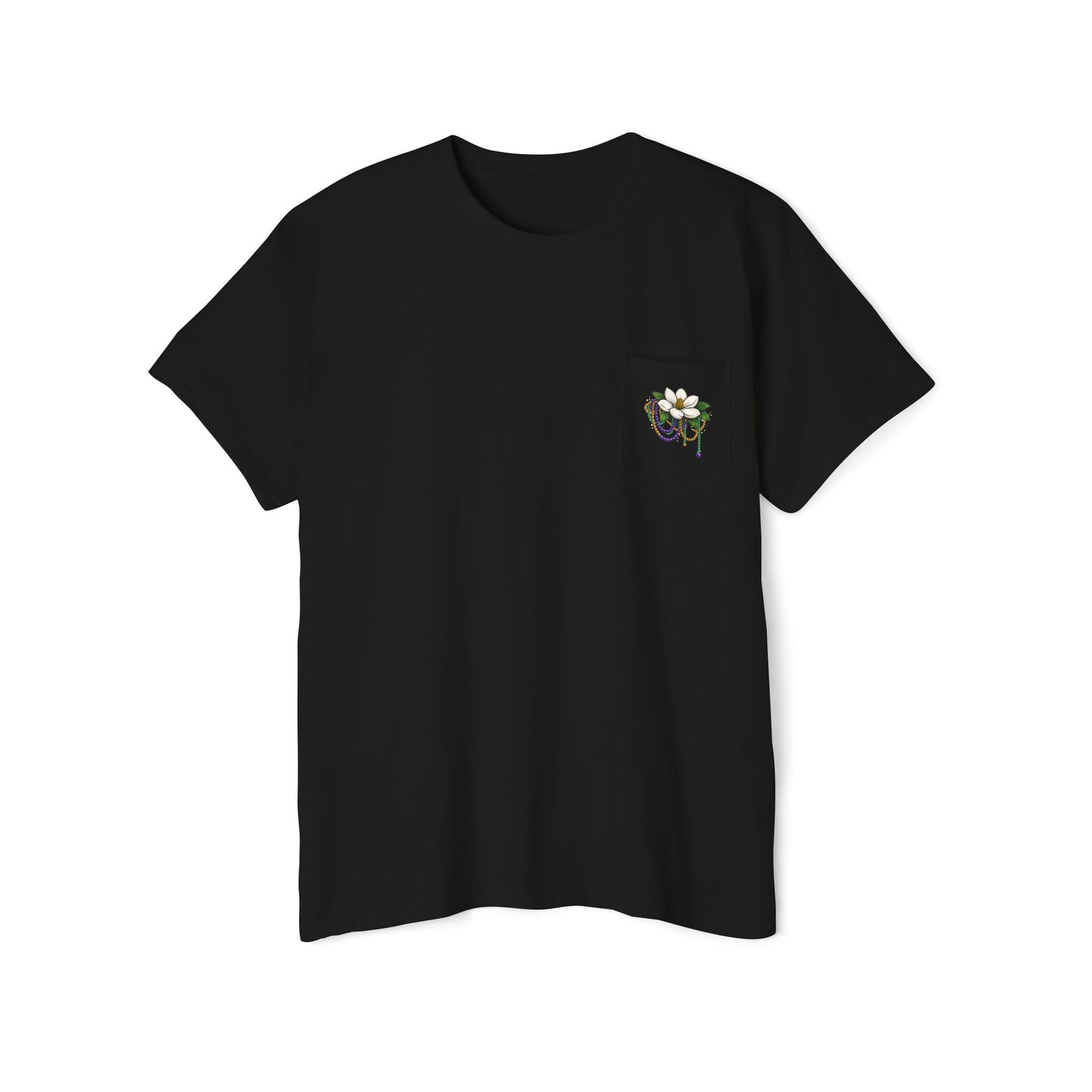 Magnolia Flower with Mardi Gras Beads - Pocket Tee