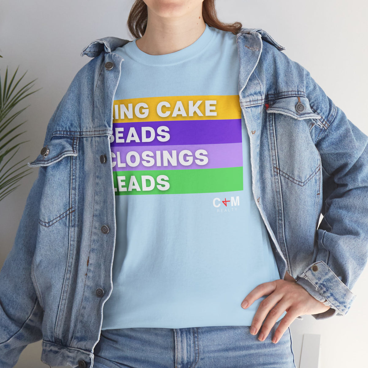 Mardi Gras Vibes Tee — “King Cake, Beads, Closings, Leads” Graphic Shirt