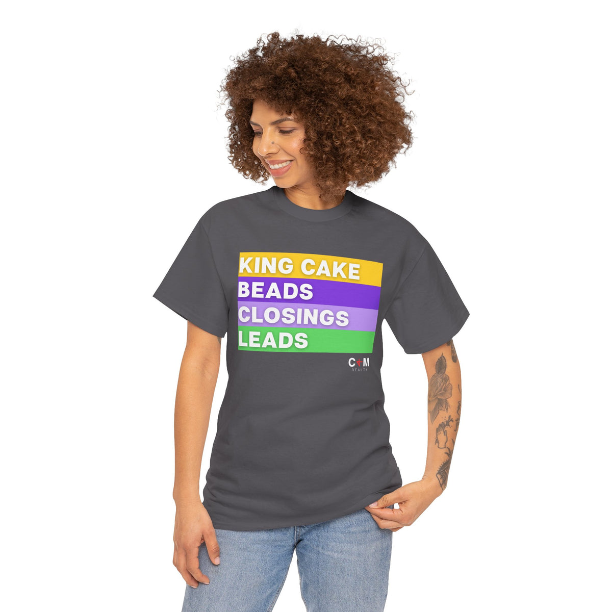 Mardi Gras Vibes Tee — “King Cake, Beads, Closings, Leads” Graphic Shirt