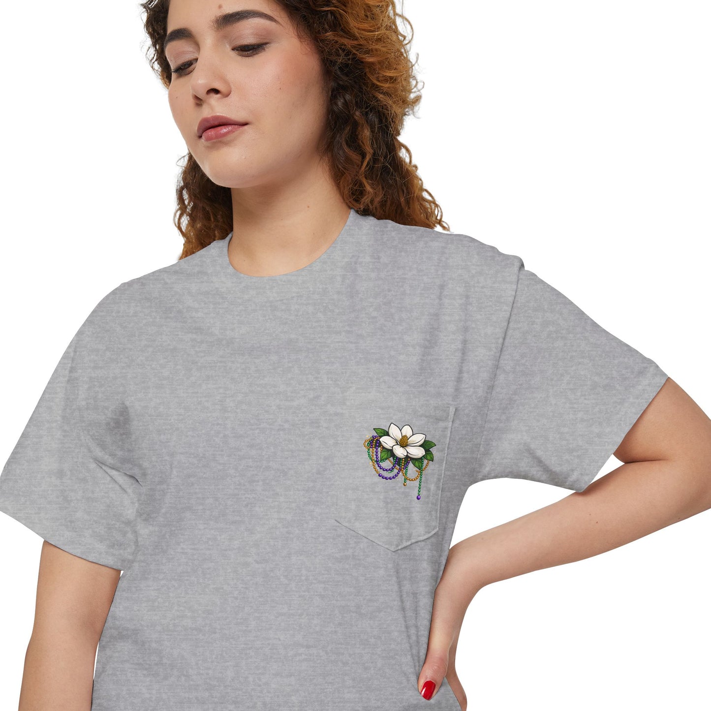 Magnolia Flower with Mardi Gras Beads - Pocket Tee