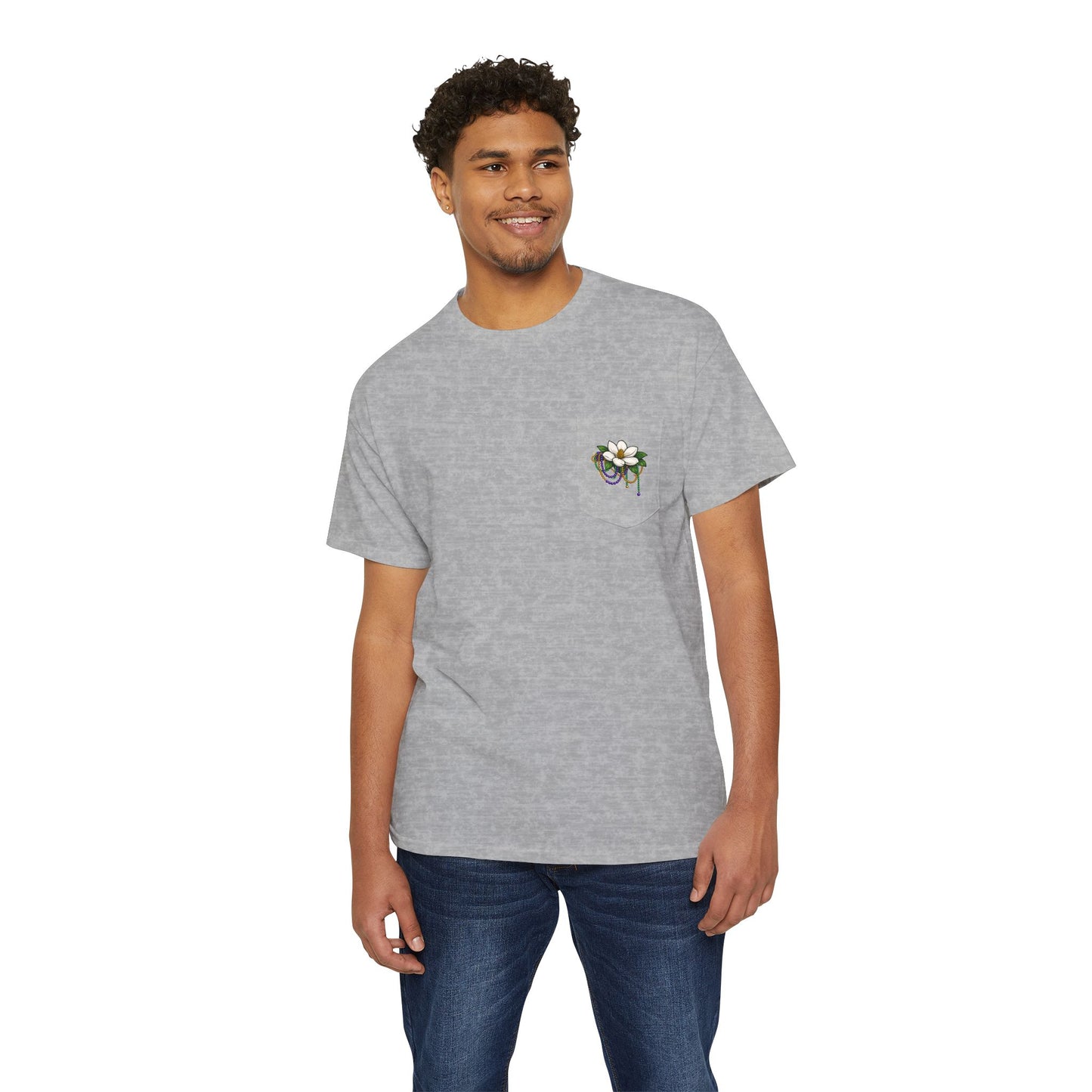 Magnolia Flower with Mardi Gras Beads - Pocket Tee