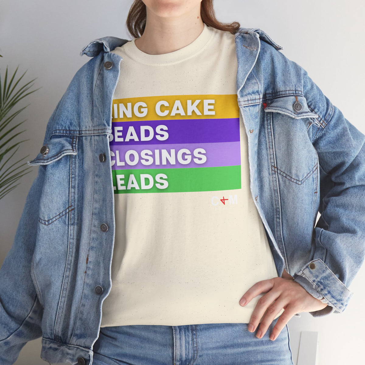 Mardi Gras Vibes Tee — “King Cake, Beads, Closings, Leads” Graphic Shirt