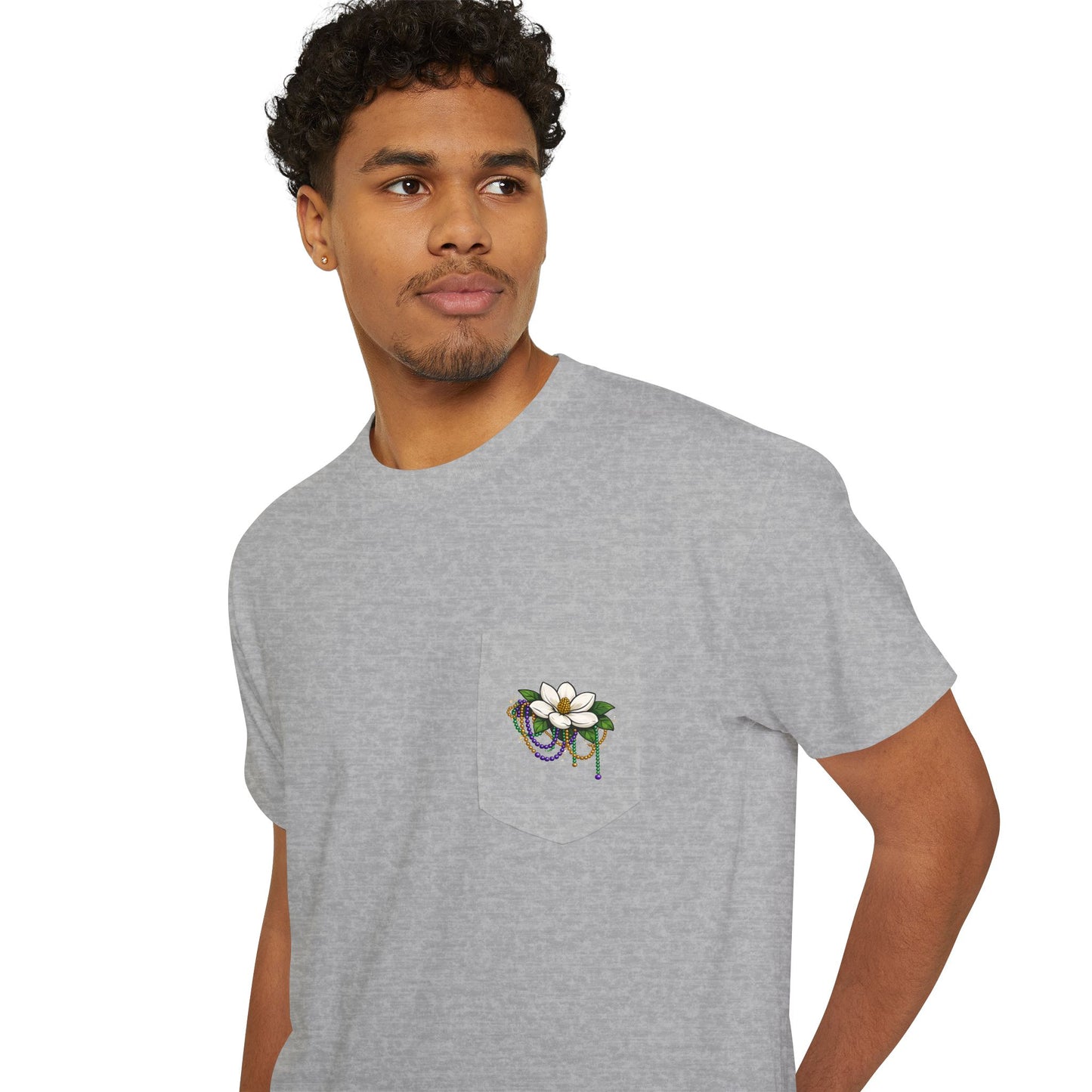 Magnolia Flower with Mardi Gras Beads - Pocket Tee