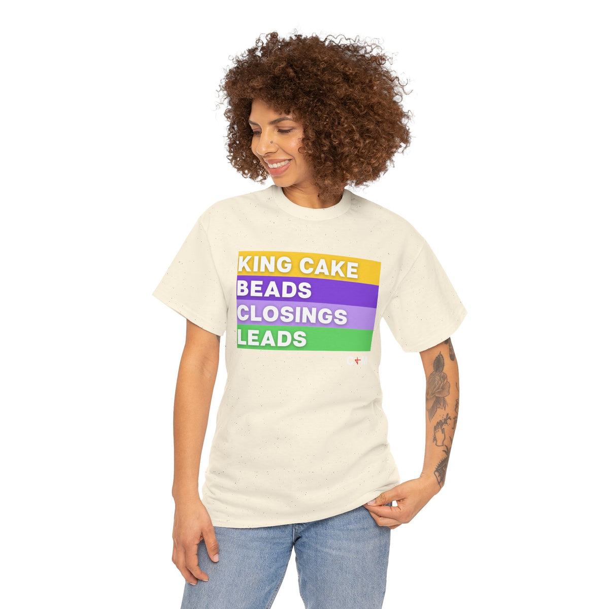 Mardi Gras Vibes Tee — “King Cake, Beads, Closings, Leads” Graphic Shirt