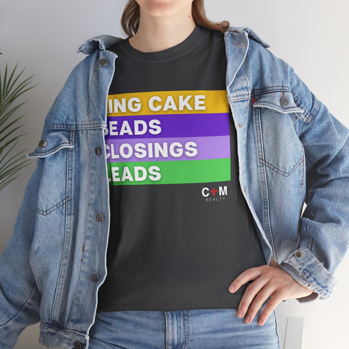 Mardi Gras Vibes Tee — “King Cake, Beads, Closings, Leads” Graphic Shirt