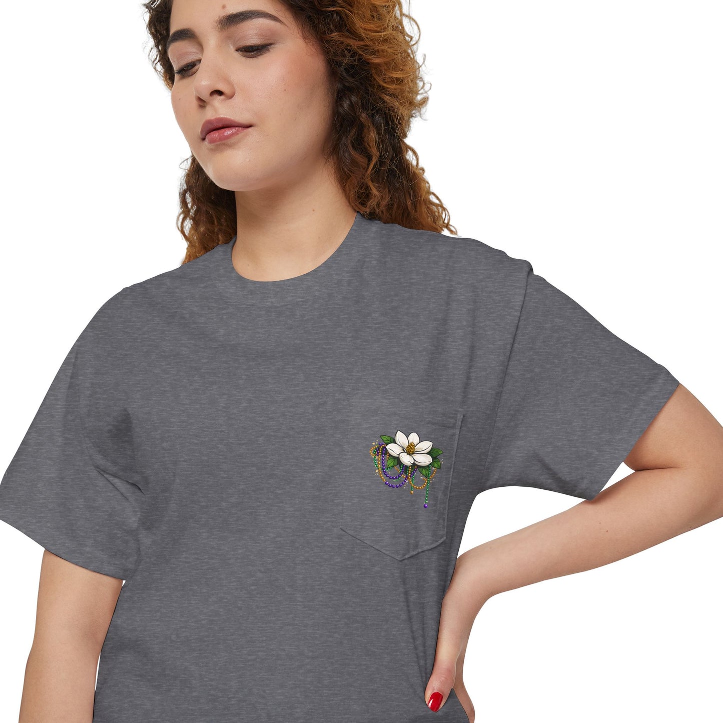 Magnolia Flower with Mardi Gras Beads - Pocket Tee