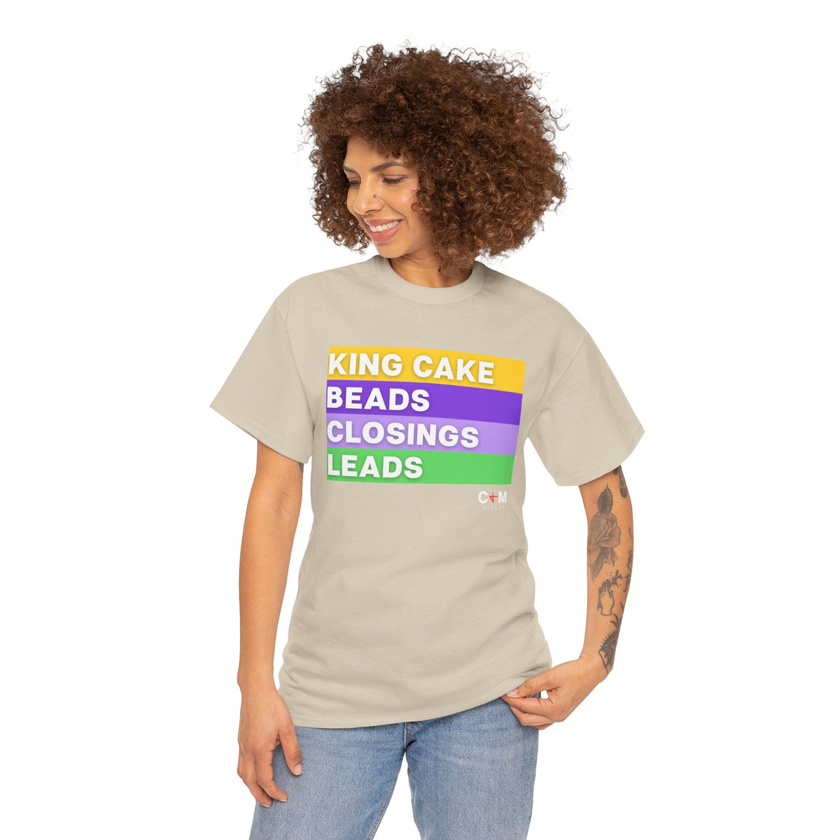 Mardi Gras Vibes Tee — “King Cake, Beads, Closings, Leads” Graphic Shirt
