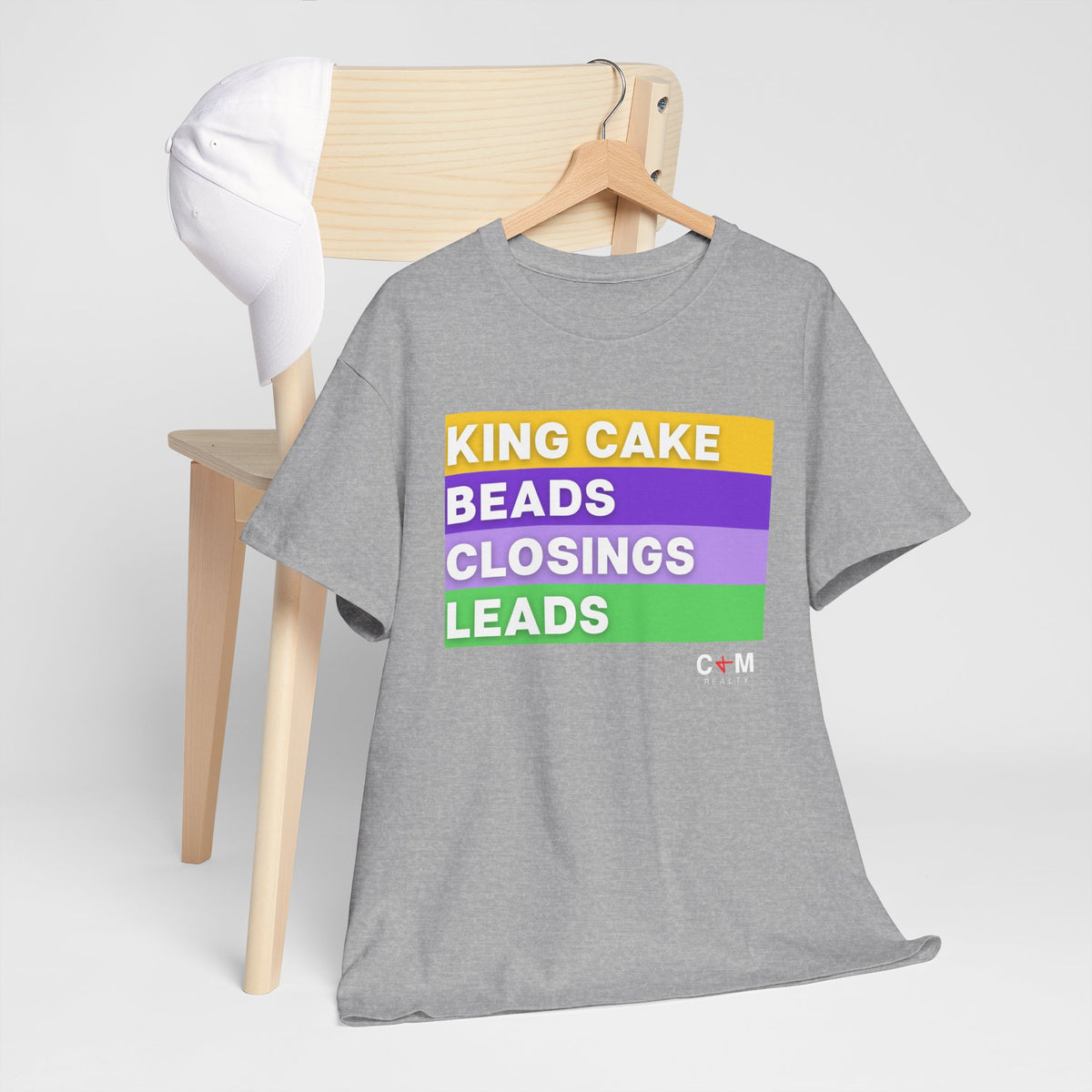 Mardi Gras Vibes Tee — “King Cake, Beads, Closings, Leads” Graphic Shirt