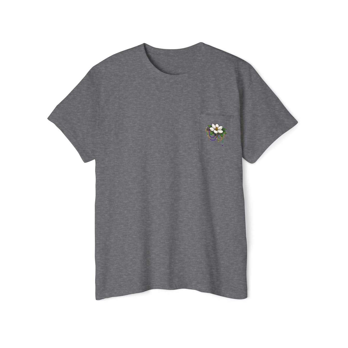 Magnolia Flower with Mardi Gras Beads - Pocket Tee