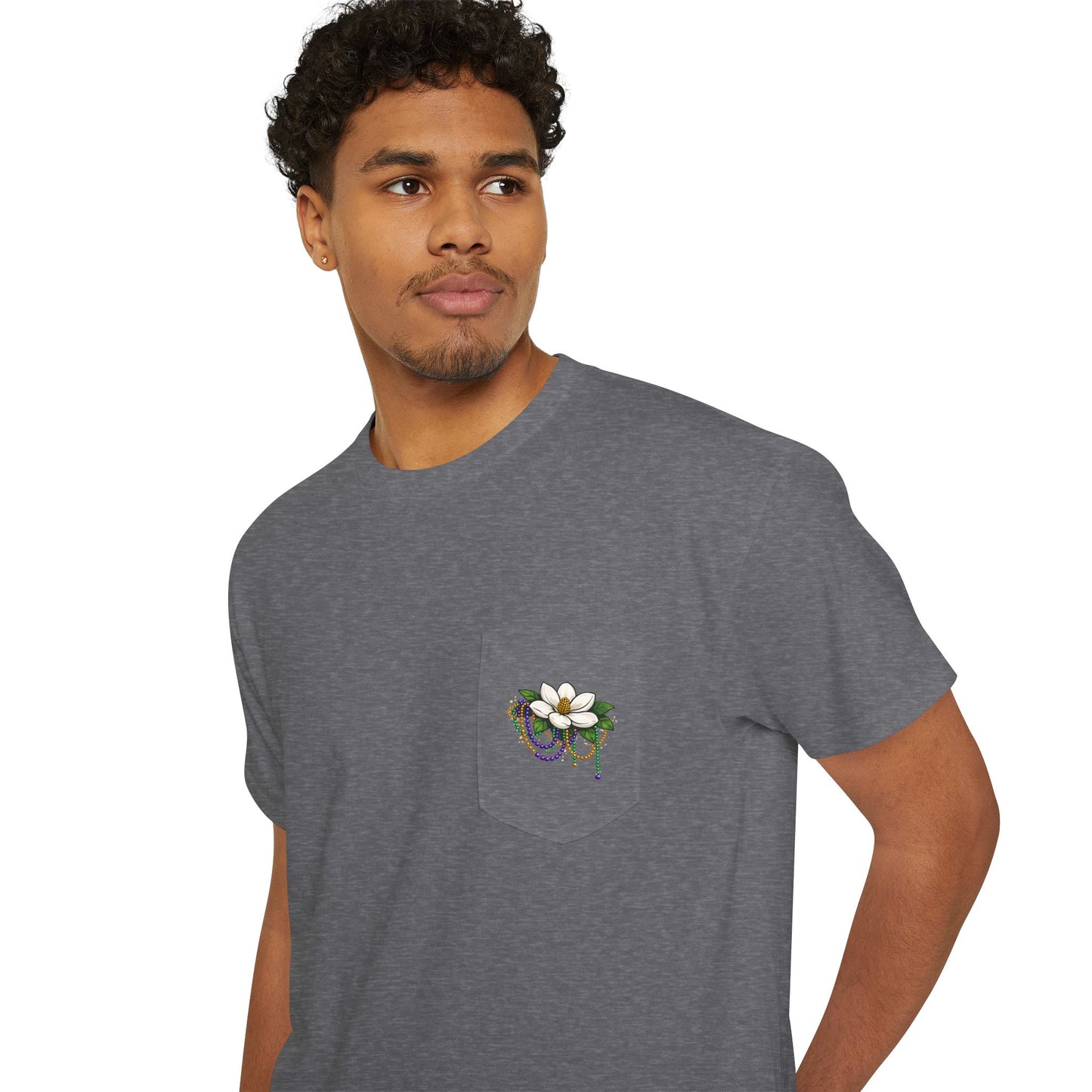Magnolia Flower with Mardi Gras Beads - Pocket Tee