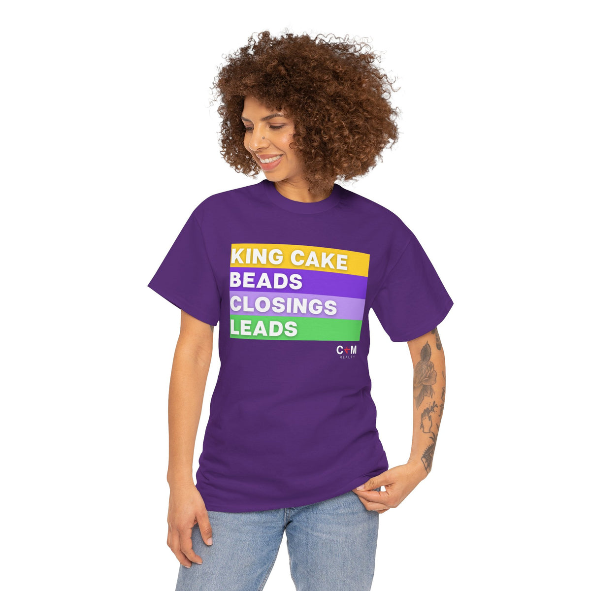 Mardi Gras Vibes Tee — “King Cake, Beads, Closings, Leads” Graphic Shirt